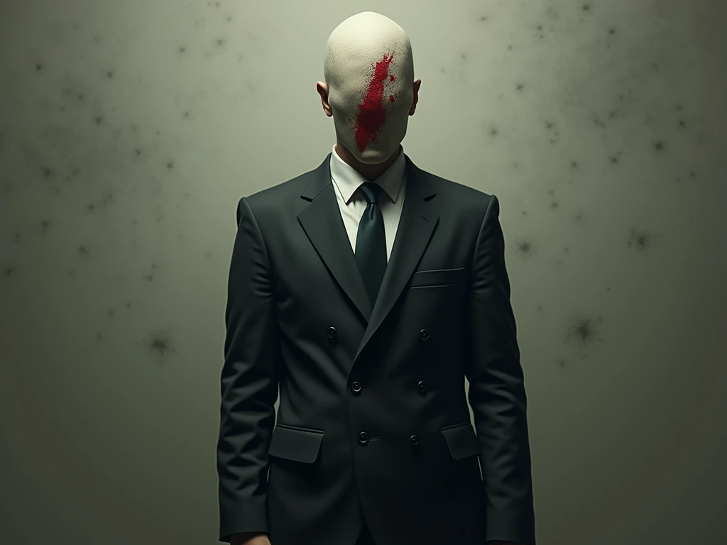  No facial features ，A man in a suit with only a blurry face，Red scratches on the face