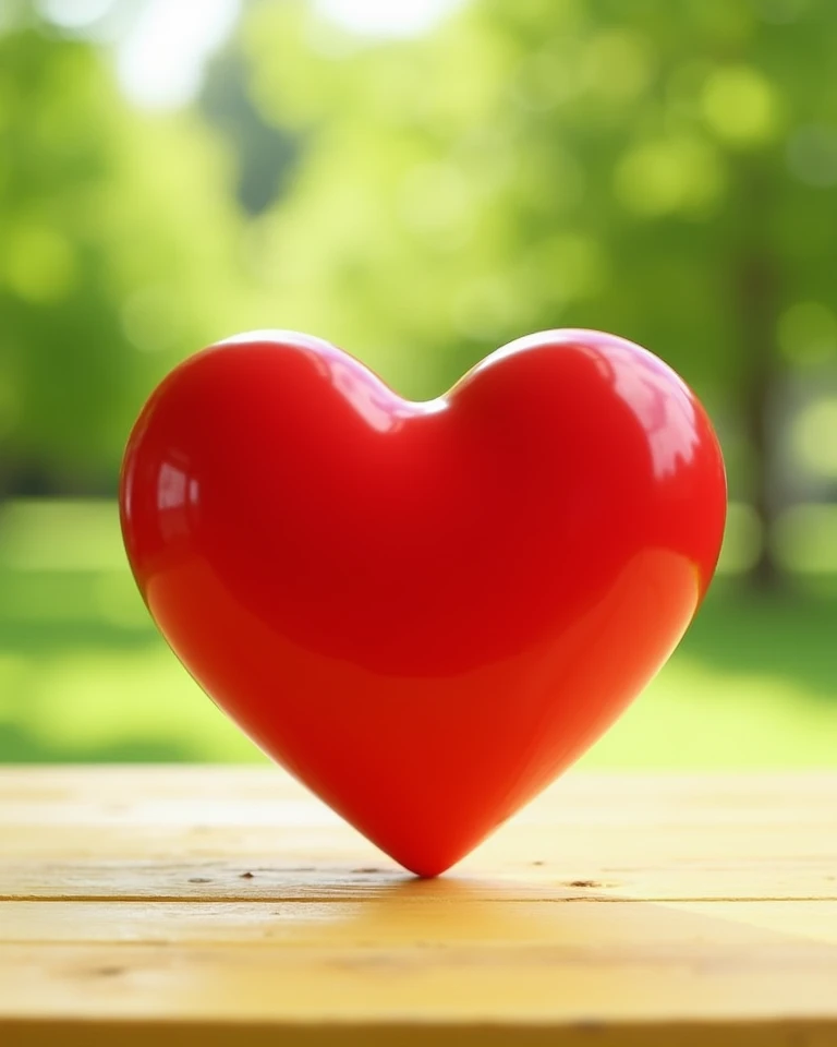 Realistic photographic style, front view, bright, highly saturated image of a huge bright red heart-shaped object on a pale yellow wooden board. The background is an outdoor bright green and blurred view, presenting a fresh atmosphere.