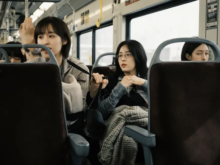 ((masterpiece))、 (( top quality ))、 Aggressive Atmosphere 、Japan、subway、 in the train、A fat middle-aged woman wearing glasses is sitting in a seat、A man is yelling at a woman while being caught by a strap、The seats are full