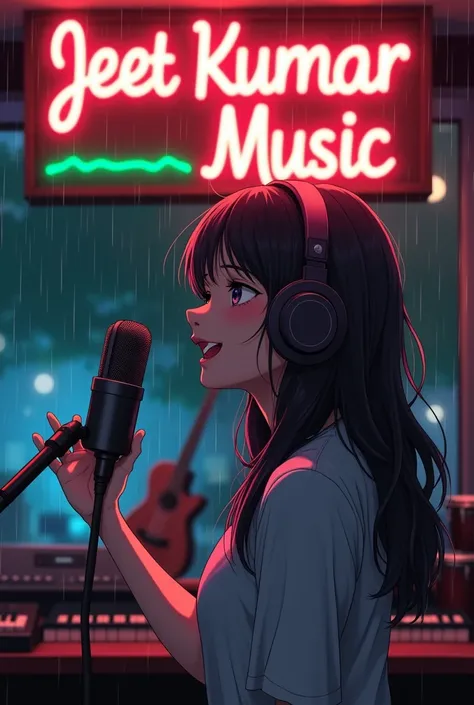 

In the anime-style medium shot, the singer is depicted with expressive features, capturing the emotion of the moment as they passionately sing into a sleek condenser microphone. Their studio headphones are snugly fitted, and their hair flows gently, addi...