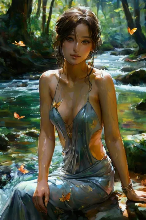 full body, beautiful  woman, looking at the camera, wearing a gray leaf strapless dress, fresh and beautiful fantasy embossed leaves, beautiful and exquisite shiny colors, sitting by the stream, background of trees in the Himalayas, wonderfully lush and gr...