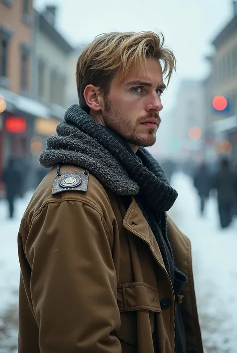 A potrait profile of a 32 year old man. The man is tall and thin, with a scruffy brard. Draped over is shoulders is a shabby coat adorned with a rusty medal that indicates the man is law enforcement. The man has brown eyes, blonde hair and a shifty look on...