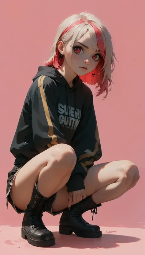  RAW PHOTOGRAPHS FROM THE PREVIOUS CENTURY  、 realistic 、  top quality 、masterpiece、B  pink background. Black and White,  Golden Striped Hair  ,  super cute girl ,  red eyes.  squat,  Gothic Tee  ,  Gothic Shorts  ,  black boots,  tsundere sister  , pink b...