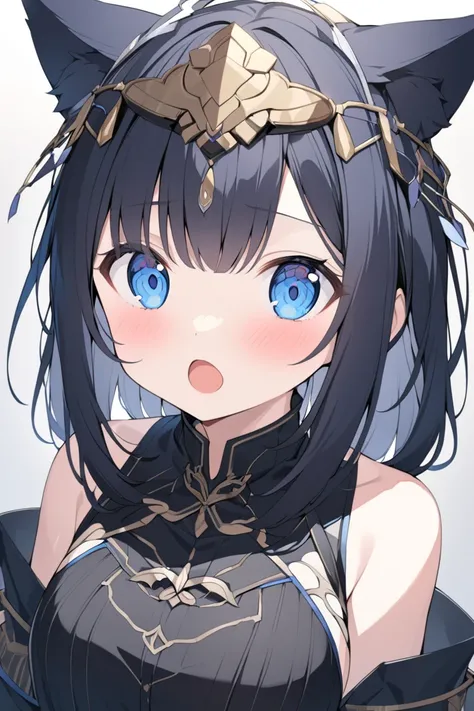  One girl ,  High Definition ,  look, chest,  blush,  blue eyes,  black hair,  headpiece,  animal ears ,  cowboy shot showing shoulders,  open your mouth slightly ,  Dutch Angle, 