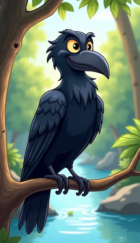 A cartoon sleek black crow ( shiny feathers, sharp eyes full of cunning, and a mischievous expression. It tilts its head thoughtfully while perched on a tree branch.) is laughing,sitting  on the branch of a tree near a river bank
