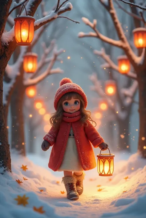 Une image mignonne d’une petite fille style réaliste avec de grands yeux qui marche au milieu d’une fête des lanternes hivernale, entouré de petites lanternes illuminées accrochées aux arbres enneigés. Le sol est couvert de neige brillante, et la lumière d...