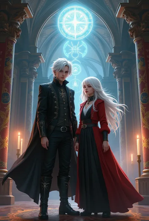 A  young man with red eyes and white hair and young women with white hair is attending School of Witchcraft and Wizardry.