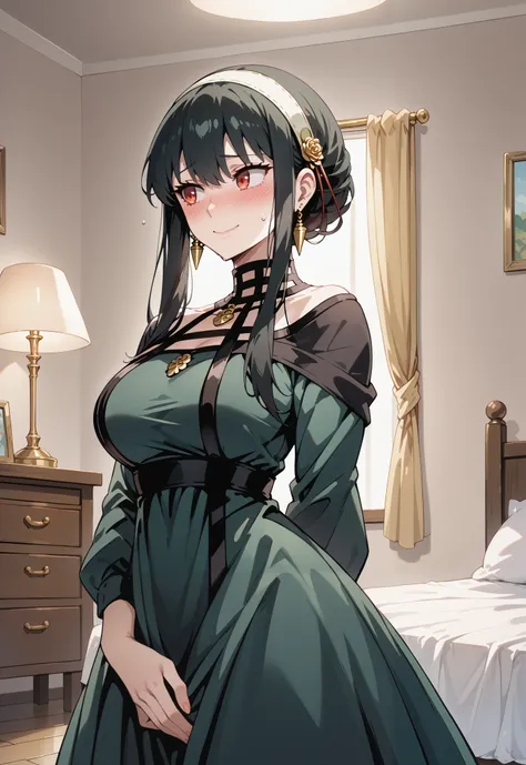 score_9, score_8_up, score_7_up, source_anime, 4K,perfect fingers,(perfect hands, perfect anatomy),
yor briar, black hair, red eyes, earrings, white hairband, hairband, long hair, sidelocks, large breasts,,
wearing ((dark green dress)),,
nervous, nervous s...