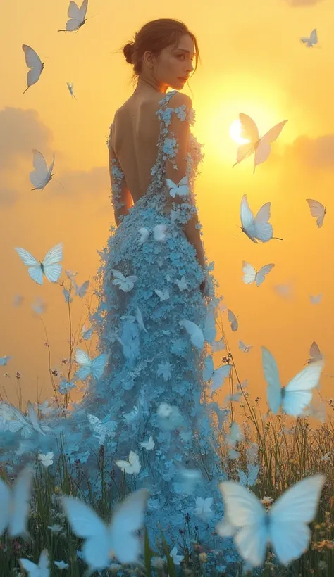 The image is a digital art piece that showcases a woman standing in front of a large group of white butterflies scattered around her. The woman is wearing a long, flowing gown with a high neckline and long sleeves. The gown is made up of small blue and whi...