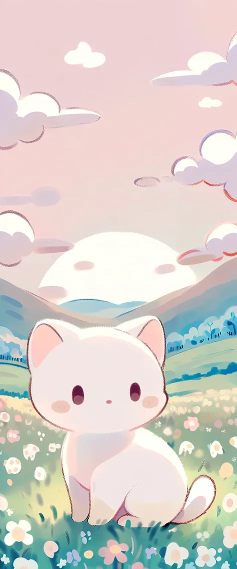 cartoon cat and kittens In a field of flowers with a sky background, Animated visual of cute cats, Kawaii cat, Cute cat, Lovely artwork, sitting In a field of flowers, In a field of flowers, Cute anime, Soft anime illustration, by Eizan This is a gift, Ill...