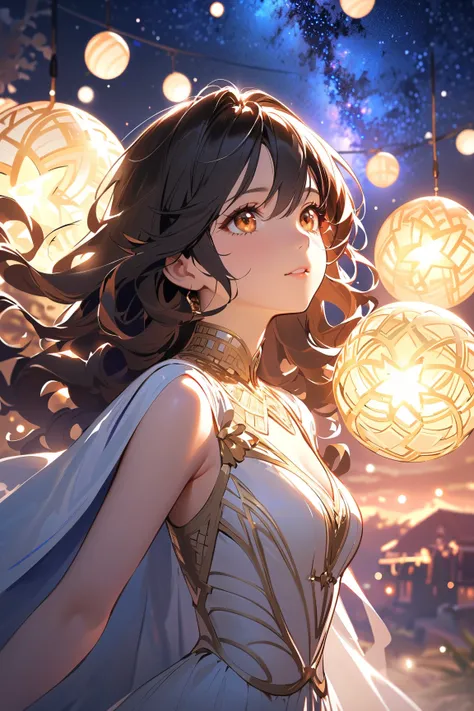 1 girl, (cute face), (long curly hair:1.2), (golden eyes), medium breasts, slim, (wearing a regal dress with intricate patterns), (flowing cape), BREAK  
Celestial realm, starry sky, (floating orbs of light:1.2), (looking up at stars:1.2), serene ambiance,...