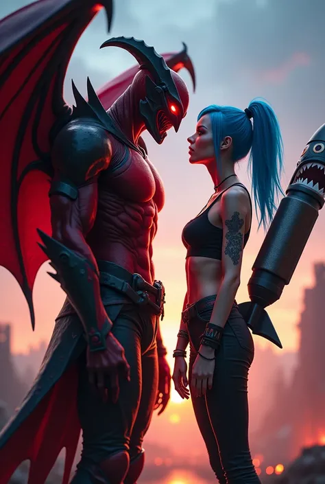 A hyper-realistic depiction of Aatrox and Jinx from League of Legends standing face-to-face, deeply admiring each other. Aatrox, towering and imposing with his crimson armor, glowing blade, and dark, demonic wings, exudes a menacing yet strangely noble aur...