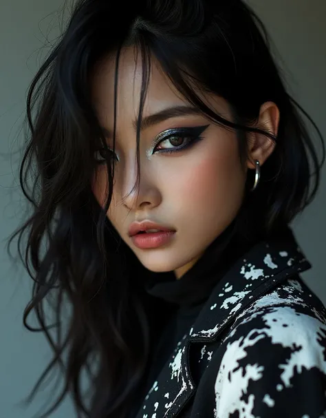 A high-fashion editorial extreme close-up featuring an Asian woman styled in a bold black-and-white splattered blazer with distressed edges. The shot focuses tightly on her eyes, framed by her bold, smudged smoky liner and metallic silver highlights on her...