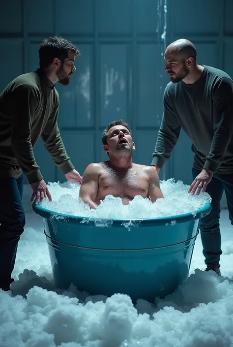 Imagine a dramatic scene where two people are standing around a large, icy bucket. One person is sitting in the bucket, submerged in icy water up to their neck. The persons face is contorted in a mix of shock, pain, and determination.

In the foreground, b...