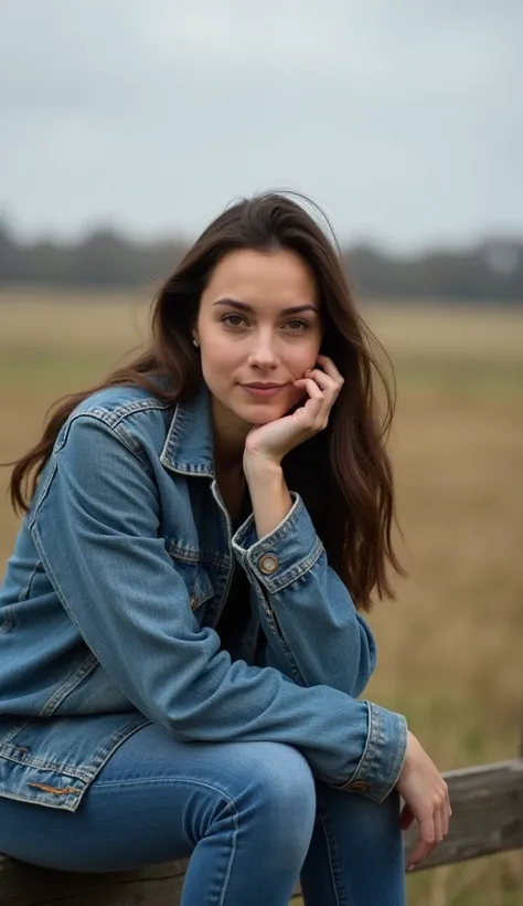 A 35-year-old woman with a thoughtful expression, wearing a closed denim jacket, sitting on a wooden fence in a rural field.