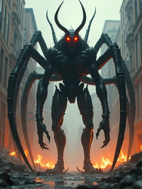 blood-eyed insect monster warrior， Strong ，Turn sideways，There is a flame under your feet，Standing on the streets of the end ，Twelve giant black tentacles grew from behind him，World Destruction 