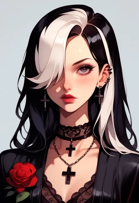 score_9, score_8_up, score_7_up, Goth girl, Goth girl 1girl 1girl,solo,long hair,looking at viewer,simple background,black hair, jewelry,white hair,multicolored hair,choker,black eyes,grey background,necklace,(hair over one eye),two-tone hair,cross,portrai...