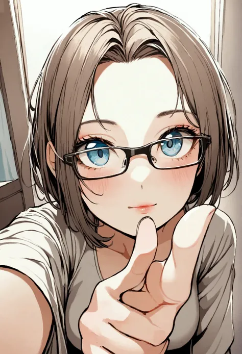 1 woman, selfie perspective, one hands selfie, glasses, short hair, forehead is free, one strand of hair per side, one thumb up.