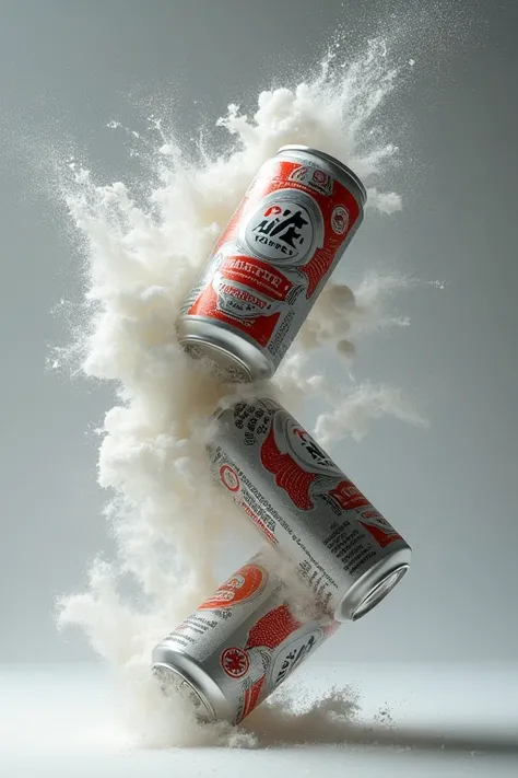 Beer cans float upside down in the air. Pour white fine powder, shimmering out into the shape of a half swimmer. High resolution,  Masterpieces,  anatomically correct, precise,  has been honored many times,  games, the best quality ,  high definition model...