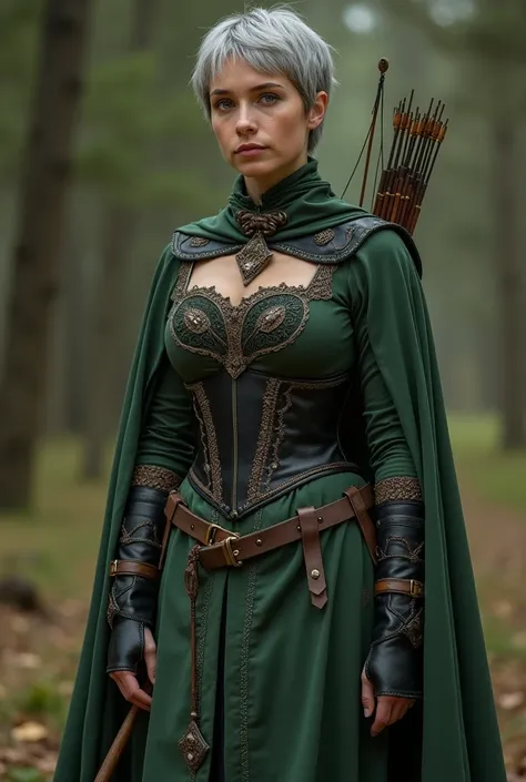 A 40 year old woman,  soft physique and ungenerous breasts .Short gray hair , green eyes.  Medieval fantasy clothing in shades of green and black.  Black leather corset with engraved and woven details . Wear a quiver bow .  Black leather boots and a lighte...