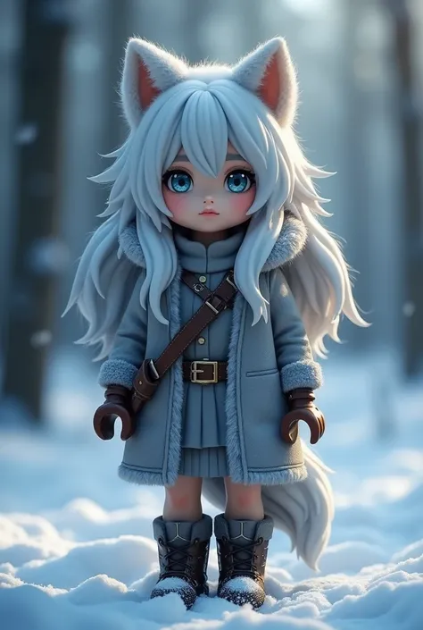 A young half-wolf girl with long, silver hair that shimmers softly in the light, falling around her face and shoulders. Her eyes are a striking ice-blue, with a calm, almost melancholic gaze. She has pale, smooth skin that contrasts beautifully with her si...