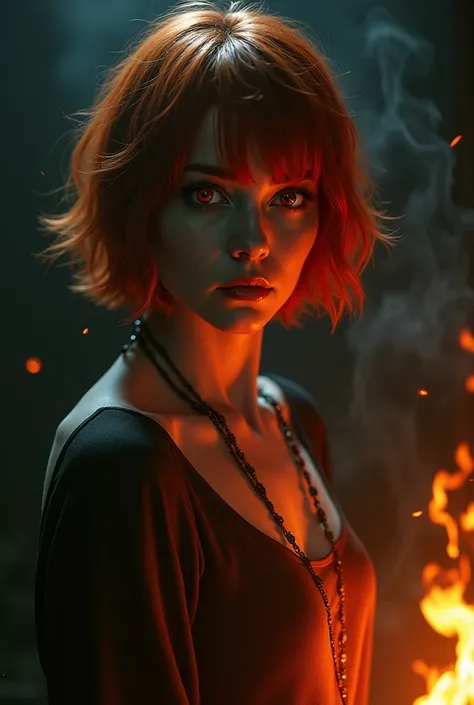 white, person, female,  short red hair, red eyes, Loves fire , Im scared 