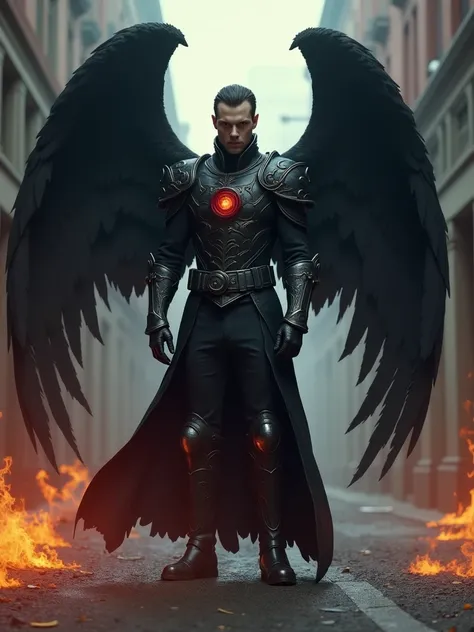  blood-eyed angel male warrior in a gothic combat suit， Strong ， Handsome，Turn sideways，There is a flame under your feet，Standing on the streets of the end ，Twelve giant black wings grow from behind him ，Horror atmosphere