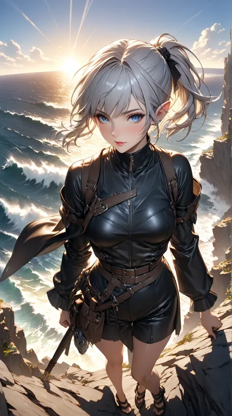 oil、 1 elf woman、Age 30、solo、Short Ponytail with Silver Hair 、 Black Leather Fishermans Outfit、 On a Cliff by the Rough Sea 、 spectacular views、Strong sunlight、Fantastic Depiction of Light 、masterpiece、 very detailed、 High Quality 、8k、FINAL FANTASY XIV、Ela...