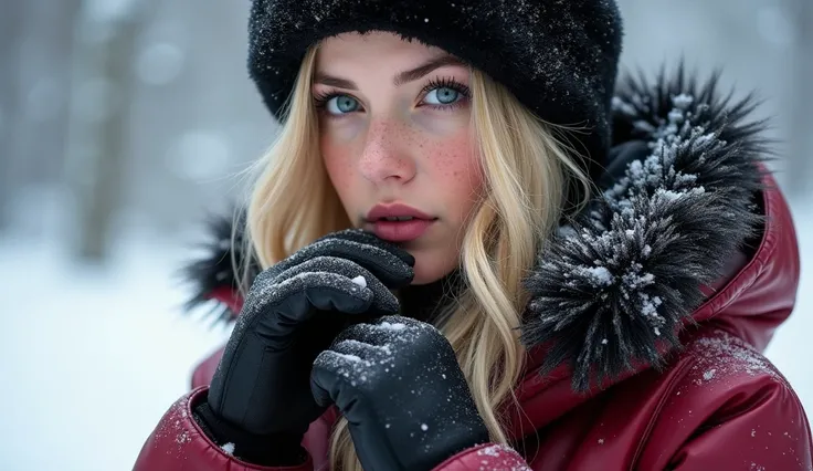 (highly detailed) Hot young tennage girl is wearing dark matte cherry winter latex suit with black elements suit is covered in snow that reflect the light of the sun she has blond wavy hair freckles and her ass is bigger her brest is big HD real photo 8K s...