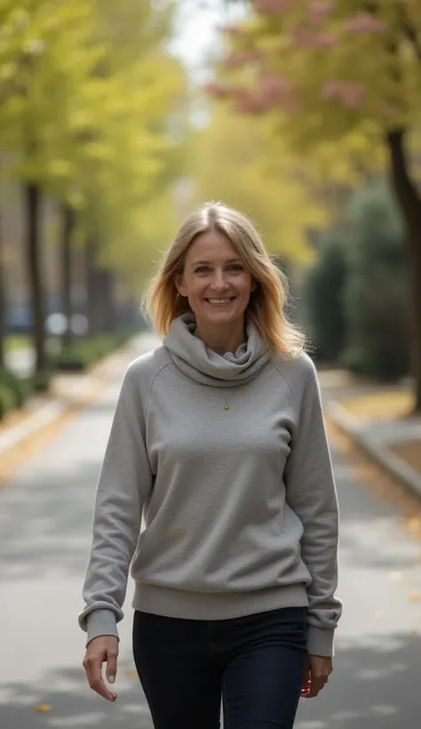 A 38-year-old woman in a modest turtleneck, walking along a tree-lined street in spring.