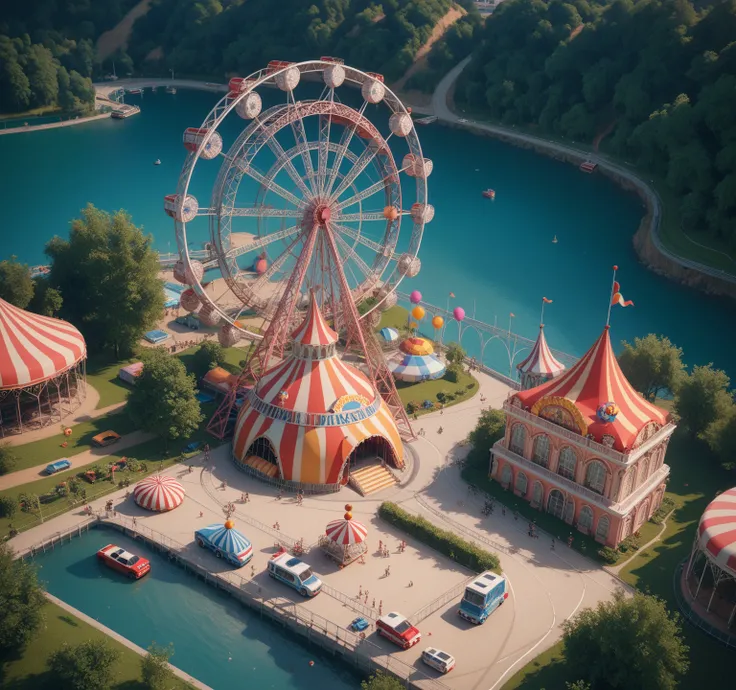  aerial view， amusement park，Ferris Wheel， HD texture，Curved path，Abundant greenery ， circus tent ，UE5 Rendering，3D Model， cartoon style ，Dusk