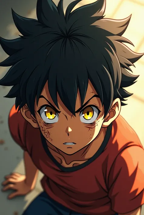  boy,  brown skin,  yellow eyes , with wounds on his face , Black hair and rowdy ,  that the spectator is watching,  full body,  high definition anime style  