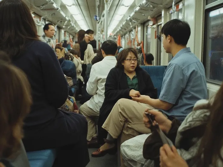 ((masterpiece))、 (( top quality ))、wide shot、 Aggressive Atmosphere 、Japan、 in the train、 crowded trains near the door、The seats are full、The seats are full、A fat middle-aged woman wearing glasses is sitting in a seat、Unsatisfied Emotions、The man standing ...