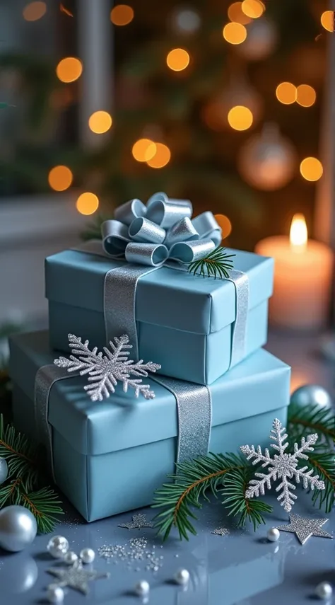  Cozy winter composition .  Lots of boxes ,  one on top of the other , on a glossy table — gift boxes ,  neatly wrapped in matte blue paper with shiny silver ribbons. The tops of the boxes are decorated  ,  with pine branches and shiny Christmas trinkets ....