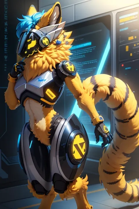 ( top quality , Ultra Detailed ),( furry,Fluffy) protogem male ,yellow fur,Simple body ,   bright blue visor  ,   bright blue robot parts  ,  Score Symbols on the Side Screen ,  shiny blue robot parts  , Simple Design ,long black tail, Big Expressive Eyes ...