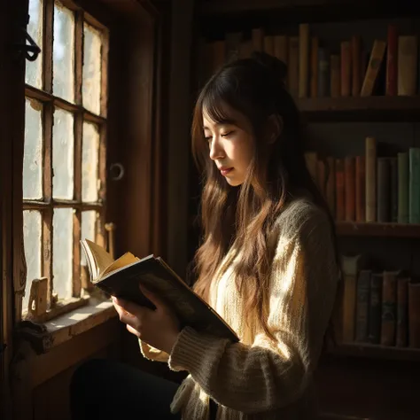 Cinematic, artistic photo, East-Asian woman, vintage library, reading a book, sunlight through a wooden window, dramatic light and shadow, serene atmosphere, intricate bookshelf details, soft sweater texture, calm expression, timeless beauty.