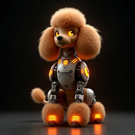 "Create a futuristic cybernetic brown poodle with glowing neon accents in soft orange and warm gold tones. The poodle retains its fluffy brown fur on the head, tail, and paws, blending organic textures with sleek robotic components. Its body features intri...