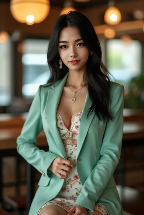 30yo Asian girl, sexy, seductive, straight black hair, pretty, makeup, raised butt, in a modern cafe, light jade blazer, floral dress, (high heels:1), jewellery, glamourous, closeup, (long legs:1)