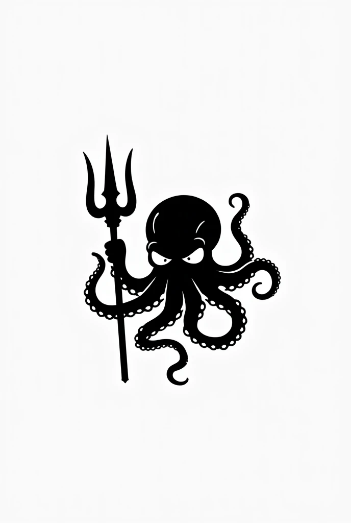  minimalistic black and white logo depicting an angry octopus with a ferocious expression on his face.  The octopus holds the trident in its tentacles .  The design should use clean lines and simple geometric shapes , avoiding too much detail ,  to maintai...