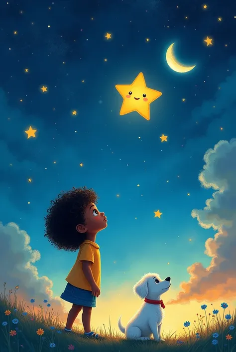 A book cover with a little star with a smiley face in the sky and a black girl with her little white dog both watching the night sky 