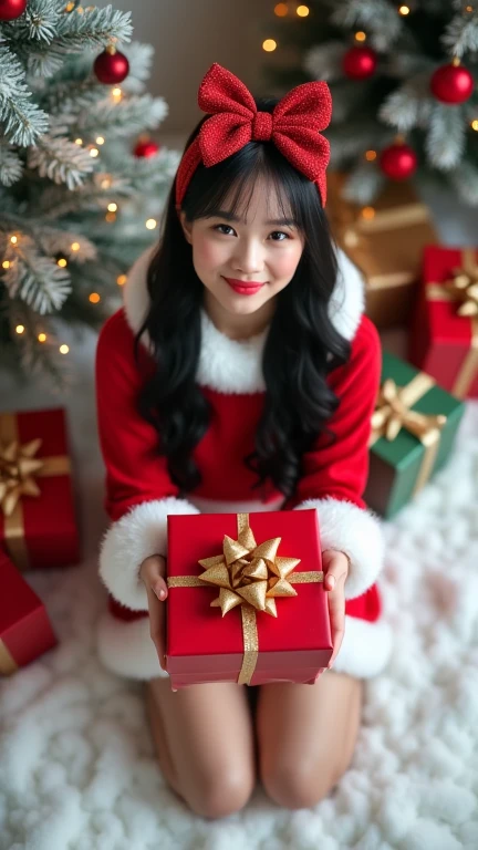 Young woman with long, black hair styled in soft waves, wearing a modern Santa-inspired outfit, sitting on a snowy ground while holding a large, wrapped gift box with both hands extended toward the camera.
She wears a festive red Santa crop top with long s...