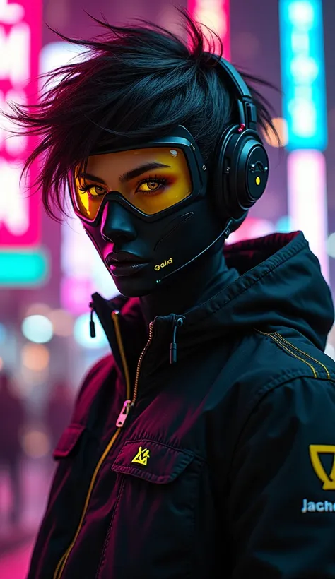 bo-cpposter,  futuristic portrait of a figure wearing a sleek japanese oni mask and stylized helmet, exuding an edgy urban vibe. The character has wild, tousled hair and is dressed in a fitted black jacket adorned with neon accents, set against a vibrant b...