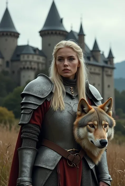 woman in armor with a wolf in front of a castle, a photo by Caspar Wolf, tumblr, renaissance, of a beautiful female knight, girl in knight armor, wolf armor, beautiful female knight, female medieval knight, horse sized timber wolf with wings, as a medieval...