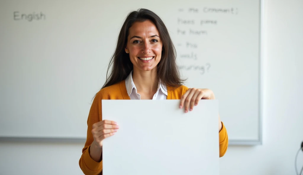 A woman English Teacher. Age: Mid-20s to mid-30s Neutral face  with White board
Appearance: Professional and warm; someone who can connect with an international audience. Smart-casual attire (e.g., blouses, cardigans) with a welcoming and confident demeano...