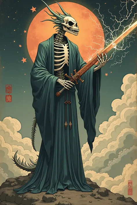 Generate an image of a skeletal dragon necromancer with elemental abilities while holding a sword that have the power of light and darkness (ukiyoe art style)