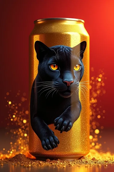 A large beer can ( 2:1)Gold and red, sparkling splashes of light floating sideways through the air. Pour fine gold powder that shimmers into a high-resolution black panther.,  Masterpieces,  anatomically correct, precise,  has been honored many times,  gam...