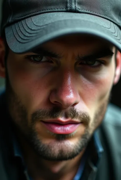 A man in his 20s close up unseen shielded in a besball hat