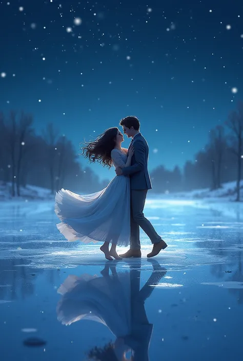 Dark blue haired woman and brown haired man dancing on an icy lake under the starry sky in the night