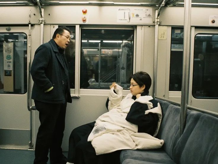 ((masterpiece))、 (( top quality ))、 Wide Shot 、 Aggressive Atmosphere 、Japan、subway、 in the train、Full seat 、Fully booked、A fat middle-aged woman wearing glasses is sitting in a seat、Unsatisfied Emotions、The man standing across from him is yelling at the w...