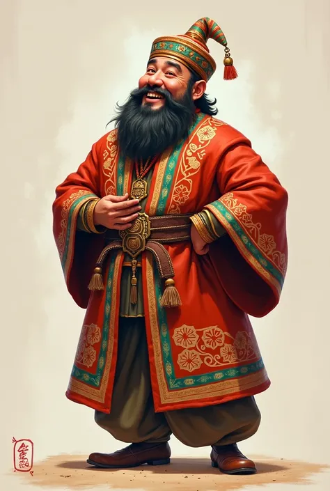  Khoja Nasreddin in Uzbek national clothes,  Asian appearance , laughs at an anecdote 